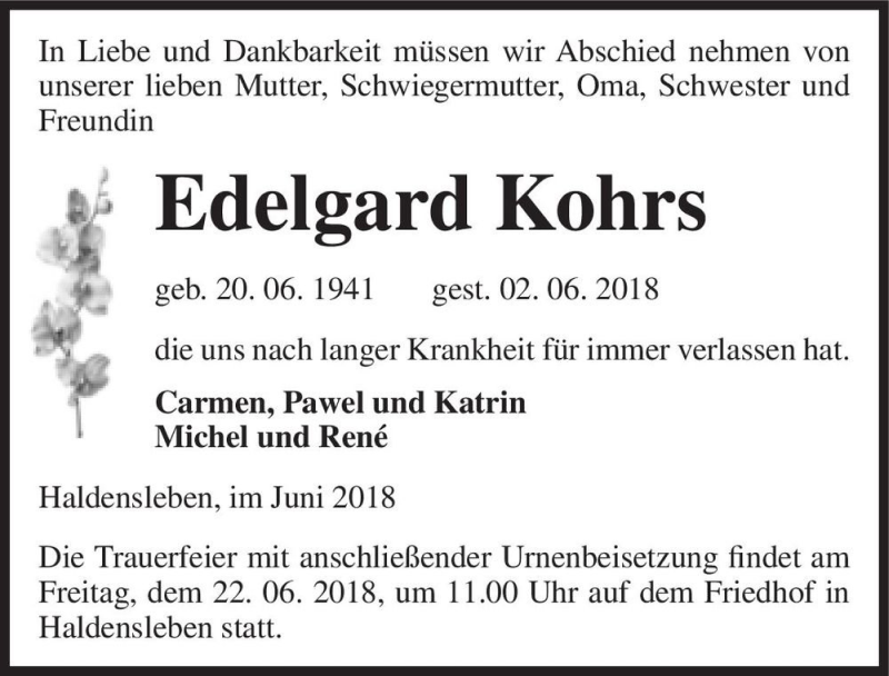  Traueranzeige für Edelgard Kohrs  vom 16.06.2018 aus Magdeburger Volksstimme