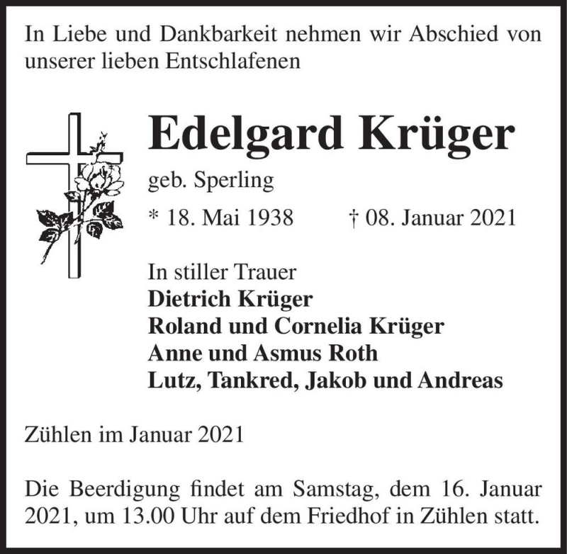  Traueranzeige für Edelgard Krüger (geb. Sperling)  vom 12.01.2021 aus Magdeburger Volksstimme