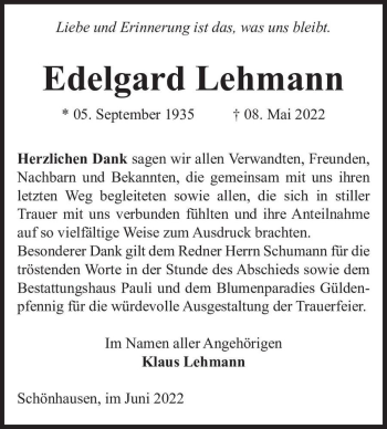 Traueranzeige von Edelgard Lehmann  von Magdeburger Volksstimme