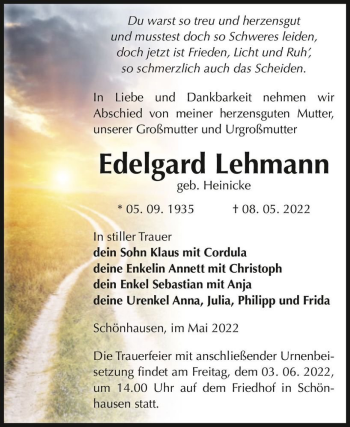 Traueranzeige von Edelgard Lehmann (geb. Heinicke)  von Magdeburger Volksstimme