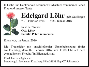 Traueranzeige von Edelgard Löhr (geb. Stoffregen)  von Magdeburger Volksstimme