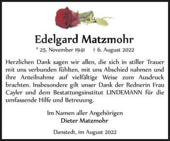 Traueranzeige von Edelgard Matzmohr  von Magdeburger Volksstimme