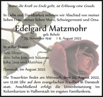 Traueranzeige von Edelgard Matzmohr (geb. Beholz)  von Magdeburger Volksstimme