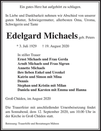 Traueranzeige von Edelgard Michaels (geb. Peters)  von Magdeburger Volksstimme