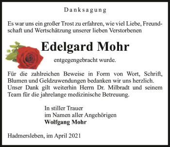 Traueranzeige von Edelgard Mohr  von Magdeburger Volksstimme