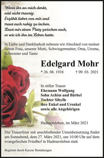 Traueranzeige von Edelgard Mohr  von Magdeburger Volksstimme