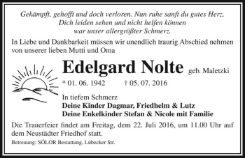 Traueranzeige von Edelgard Nolte (geb. Maletzki)  von Magdeburger Volksstimme