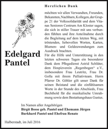 Traueranzeige von Edelgard Pantel  von Magdeburger Volksstimme