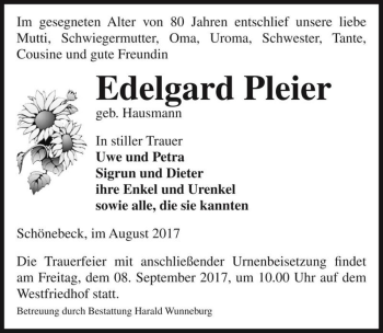 Traueranzeige von Edelgard Pleier (geb. Hausmann)  von Magdeburger Volksstimme
