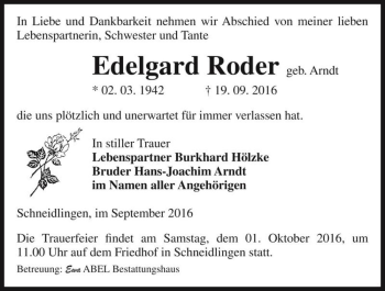Traueranzeige von Edelgard Roder (geb. Arndt)  von Magdeburger Volksstimme