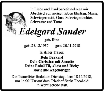 Traueranzeige von Edelgard Sander (geb. Hinz)  von Magdeburger Volksstimme
