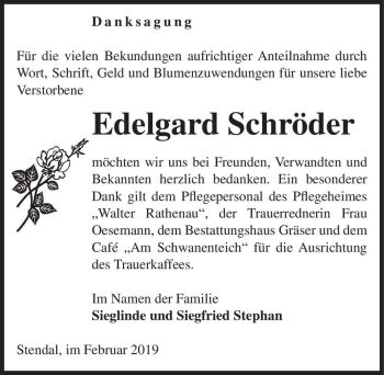 Traueranzeige von Edelgard Schröder  von Magdeburger Volksstimme