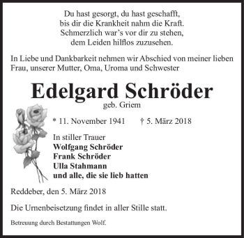 Traueranzeige von Edelgard Schröder (geb. Griem)  von Magdeburger Volksstimme