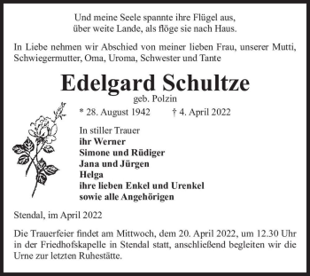 Traueranzeige von Edelgard Schultze (geb. Polzin)  von Magdeburger Volksstimme
