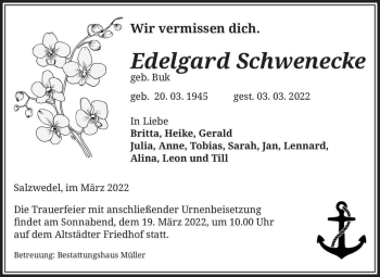 Traueranzeige von Edelgard Schwenecke (geb. Buk)  von Magdeburger Volksstimme