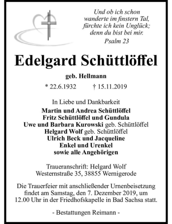Traueranzeige von Edelgard Schüttlöffel  (geb. Hellmann)  von Magdeburger Volksstimme