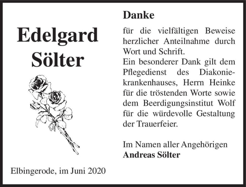  Traueranzeige für Edelgard Sölter  vom 20.06.2020 aus Magdeburger Volksstimme