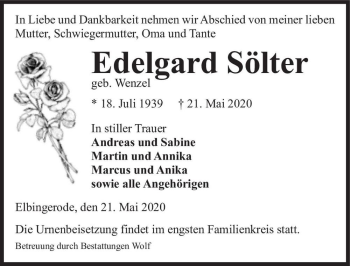 Traueranzeige von Edelgard Sölter (geb. Wenzel)  von Magdeburger Volksstimme