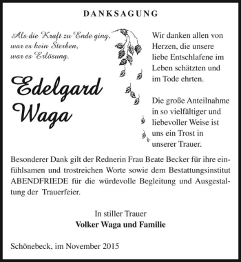 Traueranzeige von Edelgard Waga  von Magdeburger Volksstimme