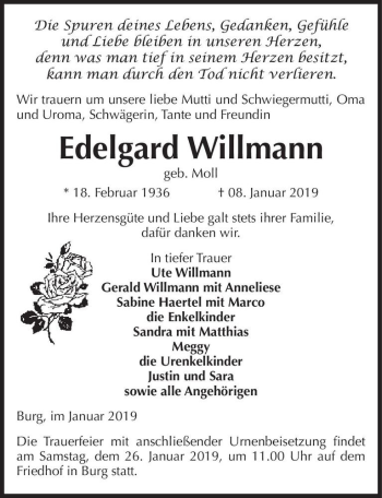 Traueranzeige von Edelgard Willmann (geb. Moll)  von Magdeburger Volksstimme