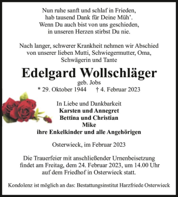 Traueranzeige von Edelgard Wollschläger (geb. Jobs)  von Magdeburger Volksstimme
