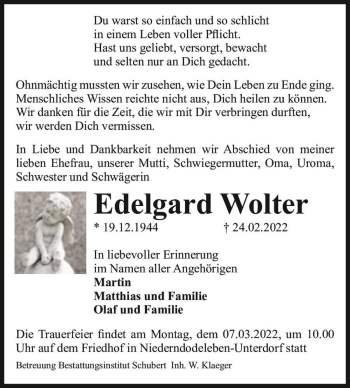 Traueranzeige von Edelgard Wolter  von Magdeburger Volksstimme