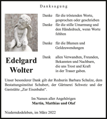 Traueranzeige von Edelgard Wolter  von Magdeburger Volksstimme