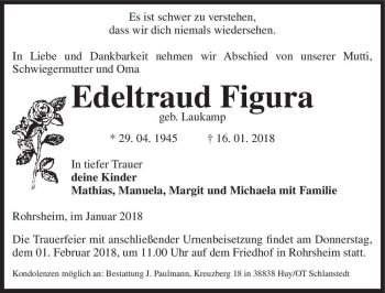 Traueranzeige von Edeltrard Figura (geb. Laukamp)  von Magdeburger Volksstimme