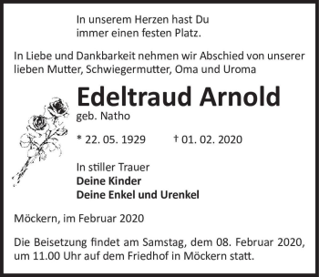 Traueranzeige von Edeltraud Arnold (geb. Natho)  von Magdeburger Volksstimme