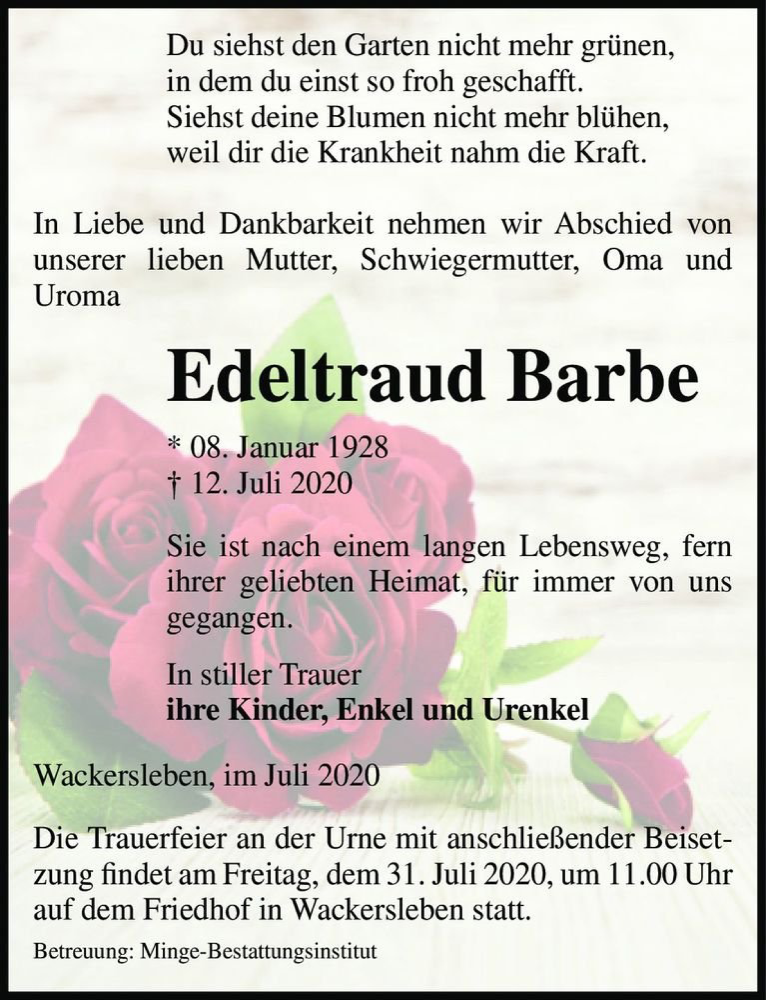  Traueranzeige für Edeltraud Barbe  vom 18.07.2020 aus Magdeburger Volksstimme