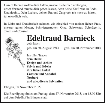 Traueranzeige von Edeltraud Barnieck (geb. Jauch)  von Magdeburger Volksstimme