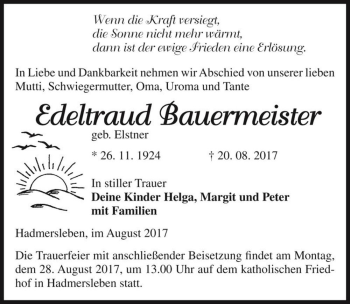 Traueranzeige von Edeltraud Bauermeister (geb. Elstner)  von Magdeburger Volksstimme