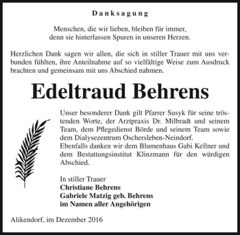 Traueranzeige von Edeltraud Behrens  von Magdeburger Volksstimme