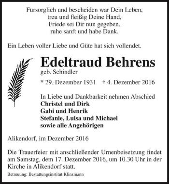 Traueranzeige von Edeltraud Behrens (geb. Schindler)  von Magdeburger Volksstimme