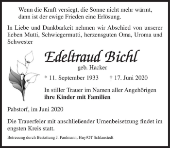 Traueranzeige von Edeltraud Bichl (geb. Hacker)  von Magdeburger Volksstimme