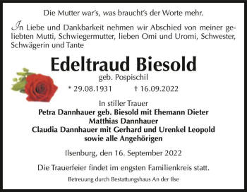 Traueranzeige von Edeltraud Biesold (geb. Pospischil)  von Magdeburger Volksstimme