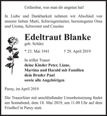 Traueranzeige von Edeltraud Blanke (geb. Schütz)  von Magdeburger Volksstimme