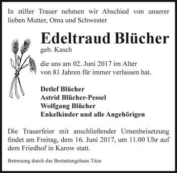 Traueranzeige von Edeltraud Blücher (geb. Kasch)  von Magdeburger Volksstimme