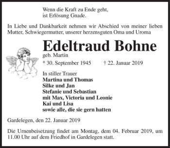 Traueranzeige von Edeltraud Bohne (geb. Martin)  von Magdeburger Volksstimme
