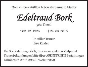 Traueranzeige von Edeltraud Bork (geb. Theml)  von Magdeburger Volksstimme