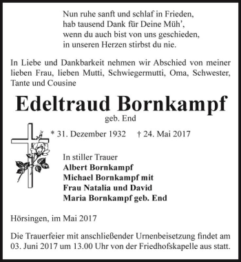 Traueranzeige von Edeltraud Bornkampf (geb. End)  von Magdeburger Volksstimme