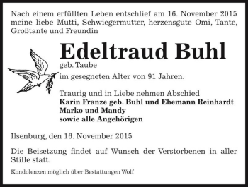 Traueranzeige von Edeltraud Buhl (geb. Taube)  von Magdeburger Volksstimme
