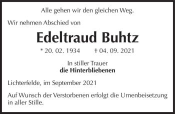 Traueranzeige von Edeltraud Buhtz  von Magdeburger Volksstimme