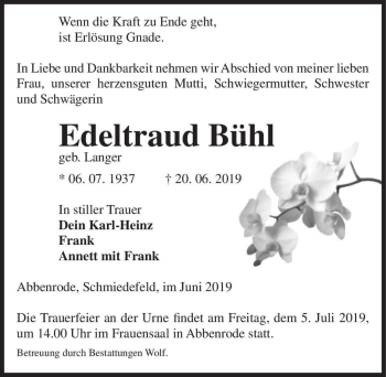 Traueranzeige von Edeltraud Bühl (geb. Langer)  von Magdeburger Volksstimme