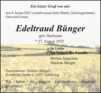 Traueranzeige von Edeltraud Bünger (geb. Hartmann)  von Magdeburger Volksstimme