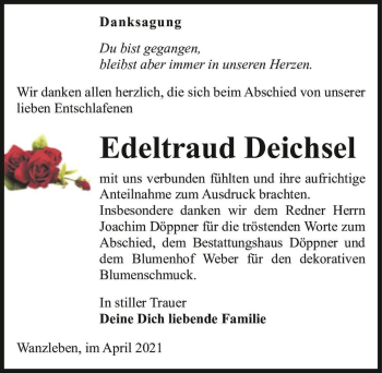 Traueranzeige von Edeltraud Deichsel  von Magdeburger Volksstimme