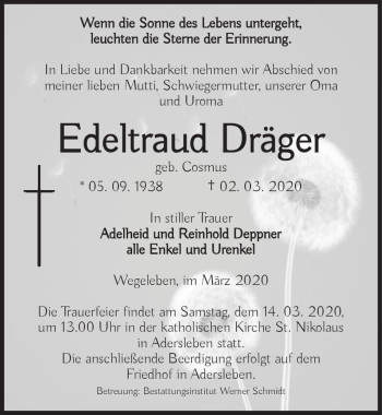 Traueranzeige von Edeltraud Dräger (geb. Cosmus)  von Magdeburger Volksstimme