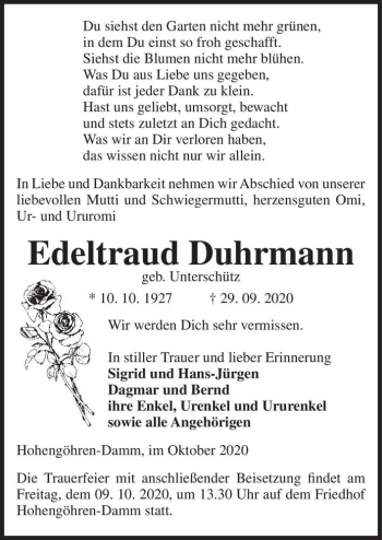 Traueranzeige von Edeltraud Duhrmann (geb. Unterschütz)  von Magdeburger Volksstimme