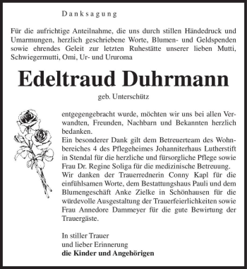 Traueranzeige von Edeltraud Duhrmann (geb. Unterschütz)  von Magdeburger Volksstimme