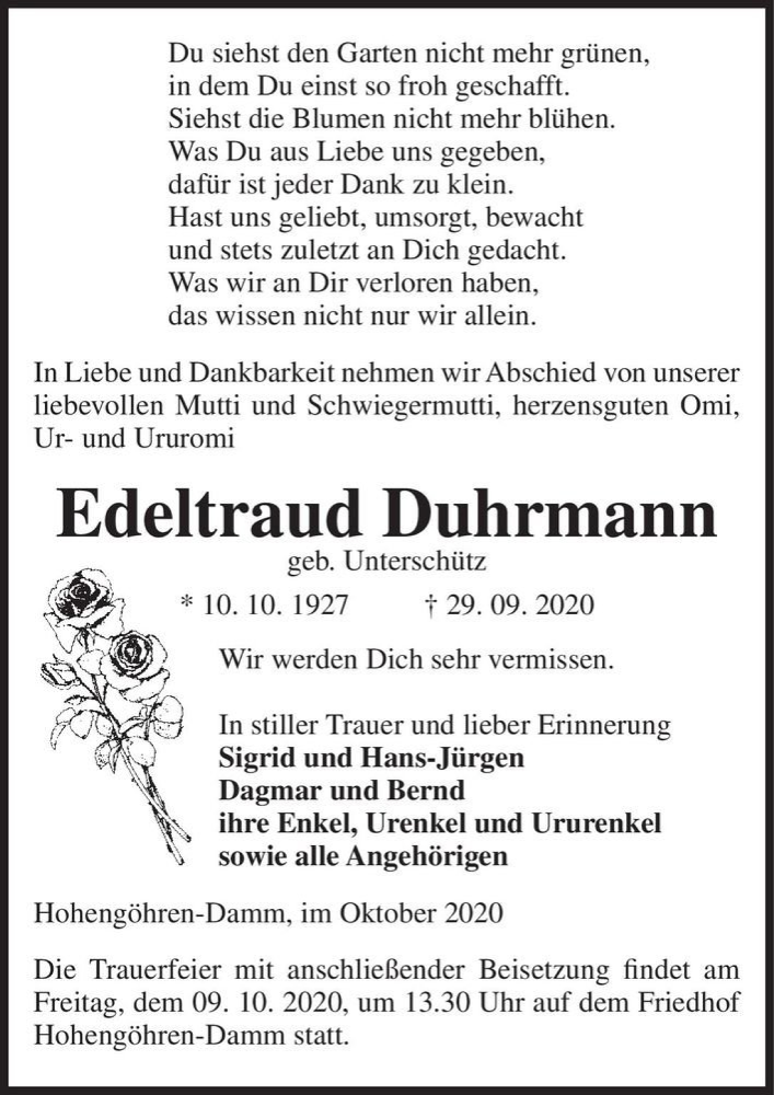  Traueranzeige für Edeltraud Duhrmann (geb. Unterschütz)  vom 02.10.2020 aus Magdeburger Volksstimme